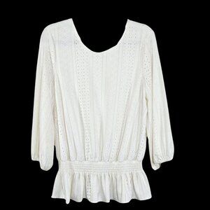 Adrianna Papell Blouse Womens Large White Eyelet Cottage Peasant Fairy Ruffle